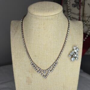 Vintage 1950s Rhinestone Statement Choker Necklace and Brooch Set